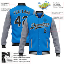 Load image into Gallery viewer, Custom Electric Blue Black-Gray Bomber Full-Snap Varsity Letterman Two Tone Jacket
