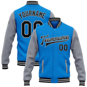 Custom Electric Blue Black-Gray Bomber Full-Snap Varsity Letterman Two Tone Jacket