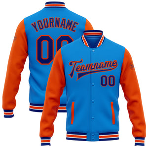 Custom Electric Blue Royal-Orange Bomber Full-Snap Varsity Letterman Two Tone Jacket