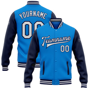 Custom Electric Blue White-Navy Bomber Full-Snap Varsity Letterman Two Tone Jacket