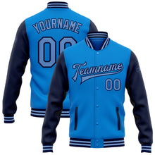 Load image into Gallery viewer, Custom Electric Blue Light Blue-Navy Bomber Full-Snap Varsity Letterman Two Tone Jacket
