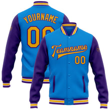 Load image into Gallery viewer, Custom Electric Blue Gold-Purple Bomber Full-Snap Varsity Letterman Two Tone Jacket
