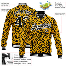 Load image into Gallery viewer, Custom Gold Black-White Leopard Print 3D Pattern Design Bomber Full-Snap Varsity Letterman Jacket
