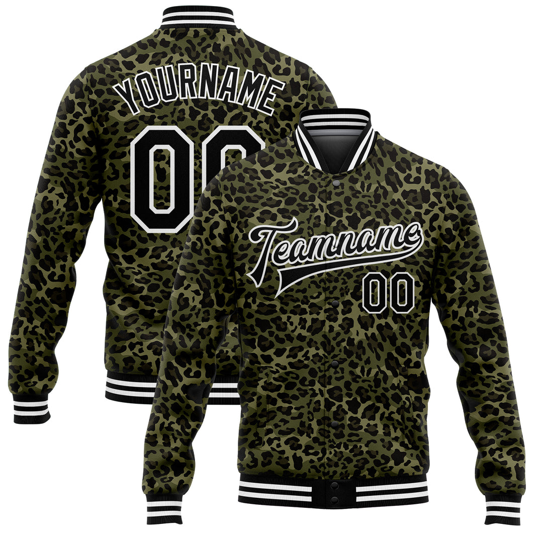 Custom Camo Black-White Leopard Print 3D Pattern Design Bomber Full-Snap Varsity Letterman Salute To Service Jacket