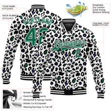 Load image into Gallery viewer, Custom White Kelly Green-Black Bright Leopard Print 3D Pattern Design Bomber Full-Snap Varsity Letterman Jacket
