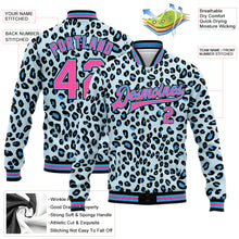 Load image into Gallery viewer, Custom Sky Blue Pink-Black Leopard Print 3D Pattern Design Bomber Full-Snap Varsity Letterman Jacket
