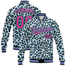 Load image into Gallery viewer, Custom Sky Blue Pink-Black Leopard Print 3D Pattern Design Bomber Full-Snap Varsity Letterman Jacket
