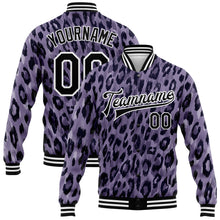 Load image into Gallery viewer, Custom Purple Black-White Leopard Print 3D Pattern Design Bomber Full-Snap Varsity Letterman Jacket
