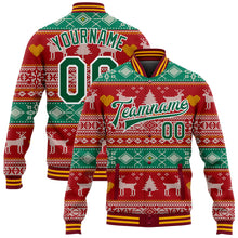 Load image into Gallery viewer, Custom Red Kelly Green-White Christmas Reindeers 3D Bomber Full-Snap Varsity Letterman Jacket
