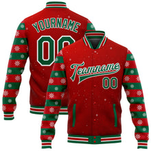 Load image into Gallery viewer, Custom Red Kelly Green-White Christmas 3D Bomber Full-Snap Varsity Letterman Jacket
