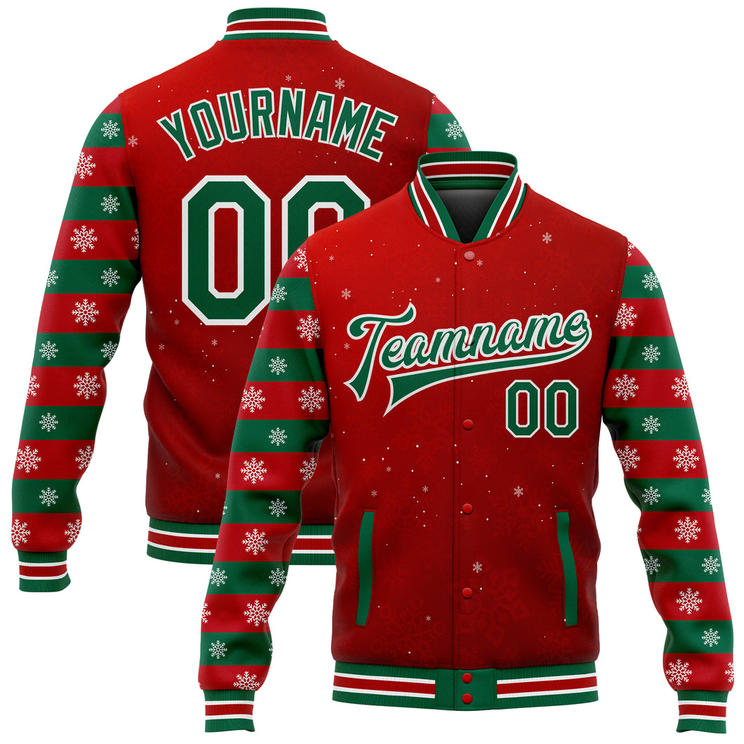 Custom Red Kelly Green-White Christmas 3D Bomber Full-Snap Varsity Letterman Jacket