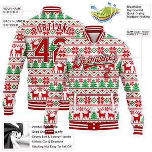 Custom White Red-Kelly Green Christmas 3D Bomber Full-Snap Varsity Letterman Jacket