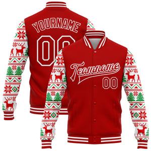 Custom Red White Christmas 3D Bomber Full-Snap Varsity Letterman Jacket