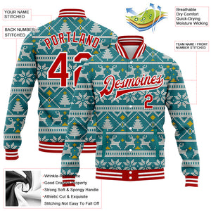 Custom Teal Red-White Christmas 3D Bomber Full-Snap Varsity Letterman Jacket