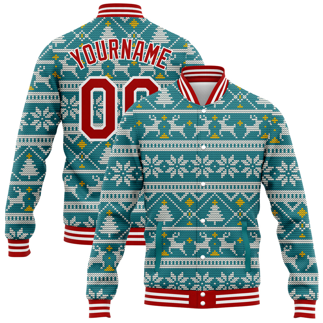 Custom Teal Red-White Christmas 3D Bomber Full-Snap Varsity Letterman Jacket