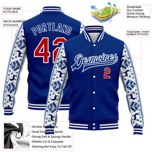 Custom Royal Red-White Christmas 3D Bomber Full-Snap Varsity Letterman Jacket