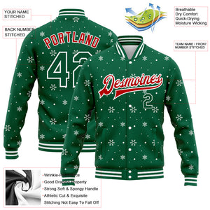 Custom Kelly Green Red-White Christmas 3D Bomber Full-Snap Varsity Letterman Jacket