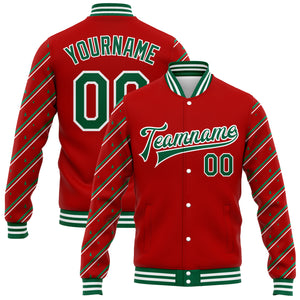 Custom Red Kelly Green-White Christmas 3D Bomber Full-Snap Varsity Letterman Jacket