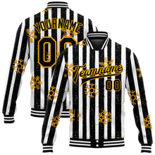 Load image into Gallery viewer, Custom Black Gold-White Christmas Gold Snowflakes 3D Bomber Full-Snap Varsity Letterman Jacket
