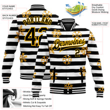 Load image into Gallery viewer, Custom Black Gold-White Christmas Gold Snowflakes 3D Bomber Full-Snap Varsity Letterman Jacket
