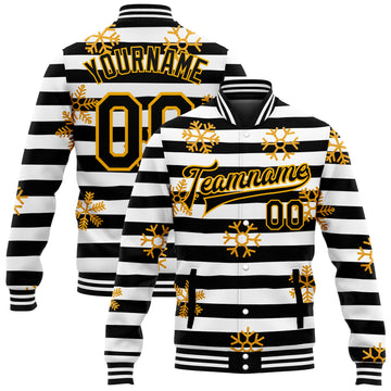 Custom Black Gold-White Christmas Gold Snowflakes 3D Bomber Full-Snap Varsity Letterman Jacket