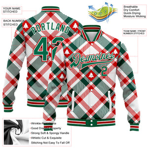 Custom White Kelly Green-Red Christmas Tree 3D Bomber Full-Snap Varsity Letterman Jacket