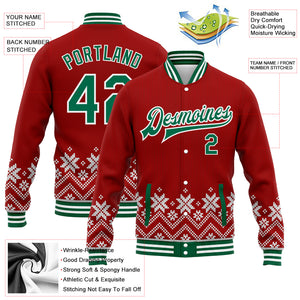 Custom Red Kelly Green-White Christmas Snowflakes 3D Bomber Full-Snap Varsity Letterman Jacket