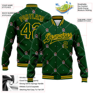 Custom Green Gold Christmas Dog Wearing Santa Claus Costume 3D Bomber Full-Snap Varsity Letterman Jacket