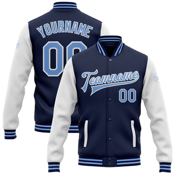 Custom Navy Light Blue-White Bomber Full-Snap Varsity Letterman Two Tone Jacket