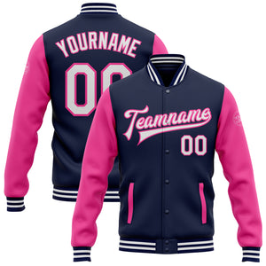 Custom Navy White-Pink Bomber Full-Snap Varsity Letterman Two Tone Jacket