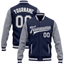 Load image into Gallery viewer, Custom Navy White-Gray Bomber Full-Snap Varsity Letterman Two Tone Jacket
