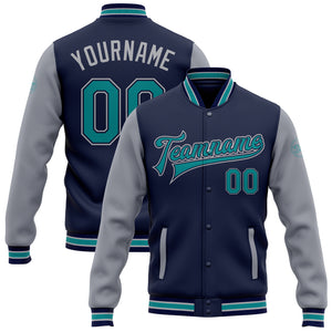 Custom Navy Teal-Gray Bomber Full-Snap Varsity Letterman Two Tone Jacket