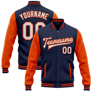 Custom Navy White-Orange Bomber Full-Snap Varsity Letterman Two Tone Jacket