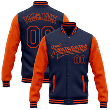 Load image into Gallery viewer, Custom Navy Orange Bomber Full-Snap Varsity Letterman Two Tone Jacket
