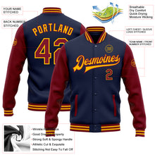 Load image into Gallery viewer, Custom Navy Crimson-Gold Bomber Full-Snap Varsity Letterman Two Tone Jacket
