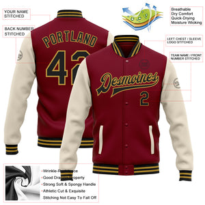 Custom Crimson Black Cream-Old Gold Bomber Full-Snap Varsity Letterman Two Tone Jacket