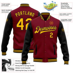 Custom Crimson Gold-Black Bomber Full-Snap Varsity Letterman Two Tone Jacket