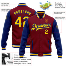 Load image into Gallery viewer, Custom Crimson Yellow-Royal Bomber Full-Snap Varsity Letterman Two Tone Jacket
