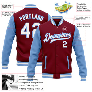 Custom Crimson White-Light Blue Bomber Full-Snap Varsity Letterman Two Tone Jacket