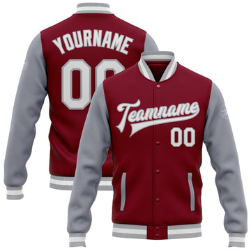 Custom Crimson White-Gray Bomber Full-Snap Varsity Letterman Two Tone Jacket