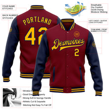 Load image into Gallery viewer, Custom Crimson Gold-Navy Bomber Full-Snap Varsity Letterman Two Tone Jacket
