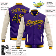 Load image into Gallery viewer, Custom Purple Black Cream-Gold Bomber Full-Snap Varsity Letterman Two Tone Jacket
