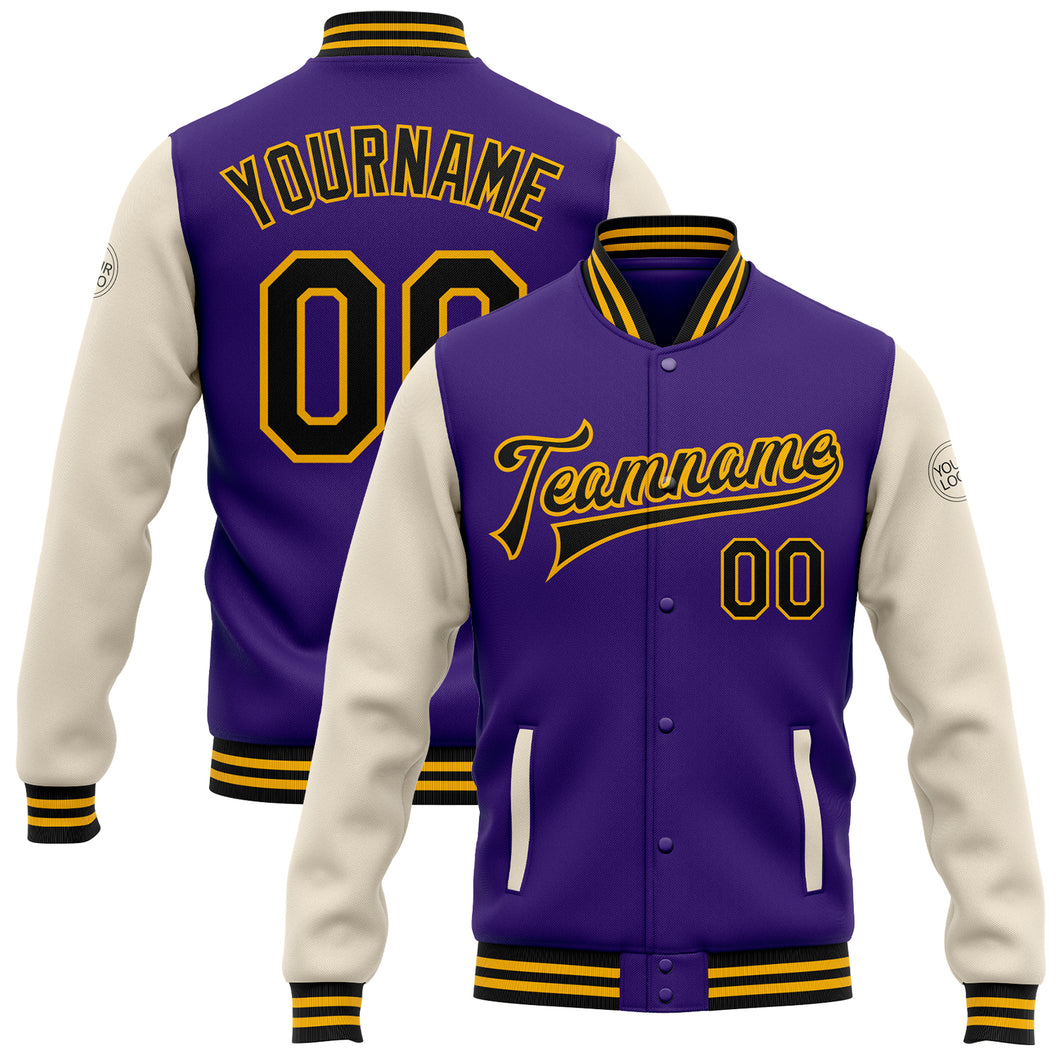 Custom Purple Black Cream-Gold Bomber Full-Snap Varsity Letterman Two Tone Jacket