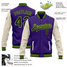 Load image into Gallery viewer, Custom Purple Black Cream-Neon Green Bomber Full-Snap Varsity Letterman Two Tone Jacket
