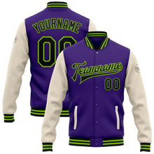 Load image into Gallery viewer, Custom Purple Black Cream-Neon Green Bomber Full-Snap Varsity Letterman Two Tone Jacket
