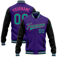 Load image into Gallery viewer, Custom Purple Aqua Black-Pink Bomber Full-Snap Varsity Letterman Two Tone Jacket
