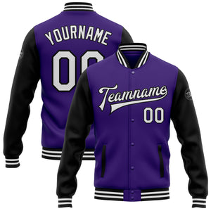 Custom Purple White-Black Bomber Full-Snap Varsity Letterman Two Tone Jacket