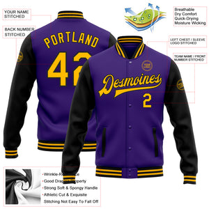 Custom Purple Gold-Black Bomber Full-Snap Varsity Letterman Two Tone Jacket