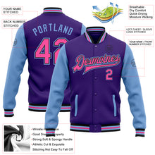 Load image into Gallery viewer, Custom Purple Pink Light Blue-Black Bomber Full-Snap Varsity Letterman Two Tone Jacket
