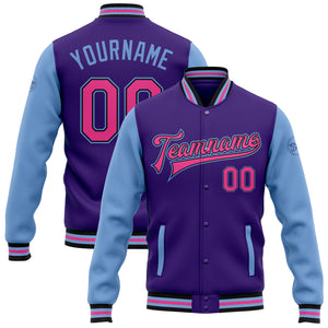 Custom Purple Pink Light Blue-Black Bomber Full-Snap Varsity Letterman Two Tone Jacket